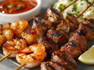 A selection of grilled skewers, including shrimp, chicken, and beef, served with spicy dips, mixed skewers, appetizer