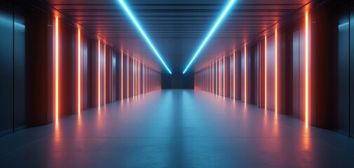 Futuristic corridor with neon lights and reflective floor in dark ambiance.