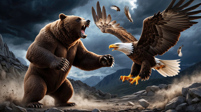 Epic Battle Between Russian Bear and American Eagle in a Dramatic Landscape