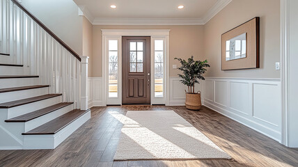 Bright and Inviting Entryway With Staircase and Natural Light in a Modern Home. Generative AI