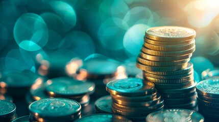 Stack of coins with blue bokeh lights in the background