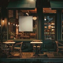White paper poster mockup restaurant lighting furniture.