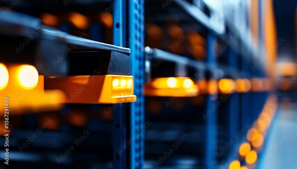 Poster high-tech racking system with automated replenishment and routing, seamless warehouse management