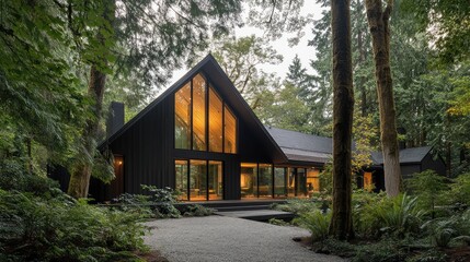 Modern A-frame cabin framed by dense trees, black accents and sleek lines, large windows capturing the surrounding forest, gravel approach.