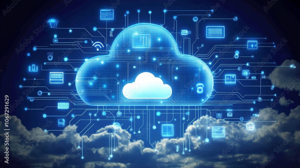 Poster futuristic cloud computing network transferring vast data seamlessly across the internet, showcasing