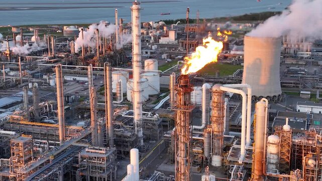 Aerial view of a chemical plant at sunset. Drone shot. Curling fire and cumin smoke filling the sky. Smoking chimneys from the factory. Chimneys of an oil refinery at sunrise pollute the environment