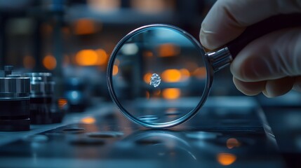 Magnifying glass focused on a tiny defect in a manufactured part, defect detection, precision in quality control