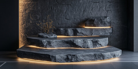 Black stone podium with layered rock elements, illuminated with accent lighting, creating a dramatic and elegant display space