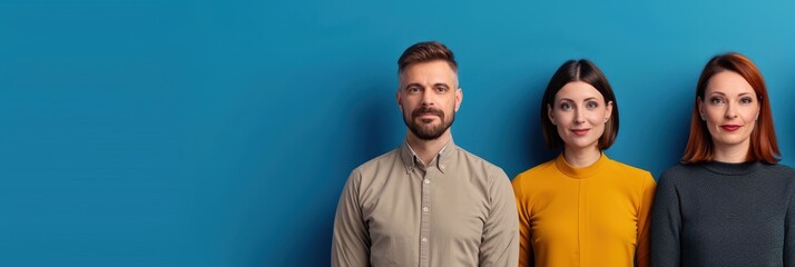 Portrait of Three Diverse Professionals Against Blue Background