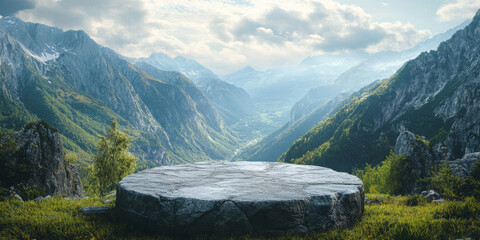 Rustic stone podium in a scenic mountain valley with soft clouds, creating a minimalist backdrop for natural beauty displays