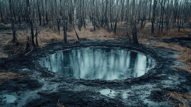 A sinister tar pit nestled among lifeless trees in a barren forest, with thick, bubbling tar giving off an ominous, dark shine.