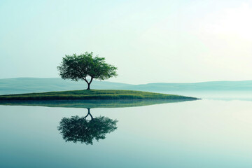 A lone tree is reflected in the water of a lake