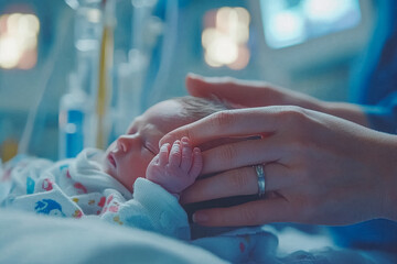 Parent's hand holding newborn baby in hospital setting. World prematurity day, 17 november. Prematurity awareness month