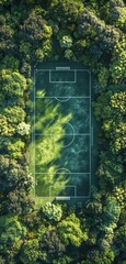 Aerial view of outdoor soccer field surrounded by lush green trees