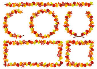 紅葉をイメージした葉や実の輪のフレームのイラストのセット

