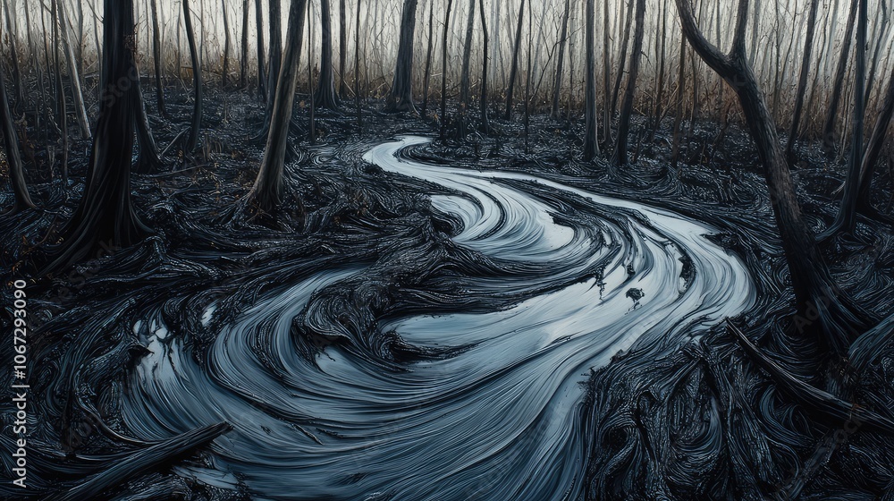 Poster moody view of a dark tar pit in barren woods, thick tar spreading in waves while dead trees lean inw