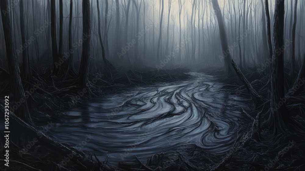 Poster moody view of a dark tar pit in barren woods, thick tar spreading in waves while dead trees lean inw