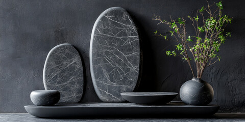 Large black stone podium with a matte finish, featuring unique stone patterns, ideal for product display with a modern vibe