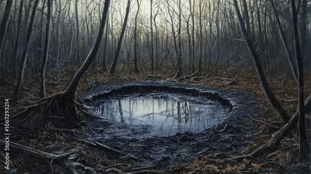Poster mysterious tar pit nestled in an empty forest, thick, viscous tar gleaming under sparse light and ba