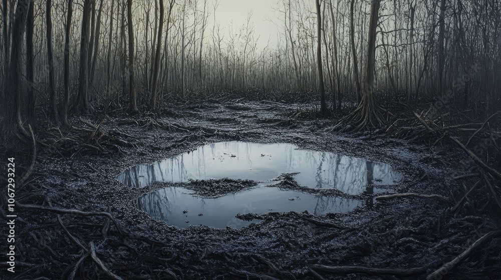 Poster mysterious tar pit nestled in an empty forest, thick, viscous tar gleaming under sparse light and ba