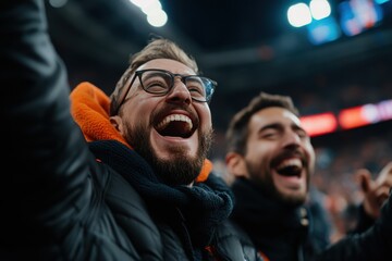 Two men express lively excitement while cheering during a thrilling event, showcasing vibrant energy and the camaraderie often found in shared experiences.