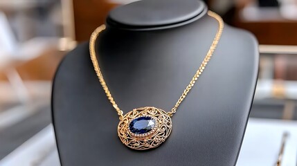 An opulent necklace featuring a rare sapphire pendant surrounded by intricately designed gold filigree, showcased in a glass display case within a luxurious boutique setting.
