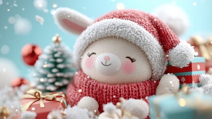 Cute plush bunny in a Santa hat surrounded by festive gifts and decorations, AI