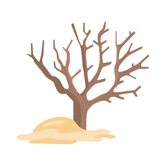 Dry tree in desert in flat design. Dead plant trunk by hot sand hill. Vector illustration isolated.
