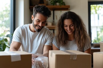 A couple joyfully unpacks boxes in their new, sunlit living room, symbolizing fresh starts and planning their home decor with sunlight streaming through the window behind.