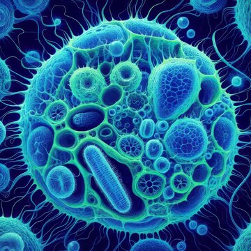 Anabaena vegetative cells stained to highlight cell walls and nu