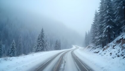 A winding snowy road through a foggy, forested mountain landscape