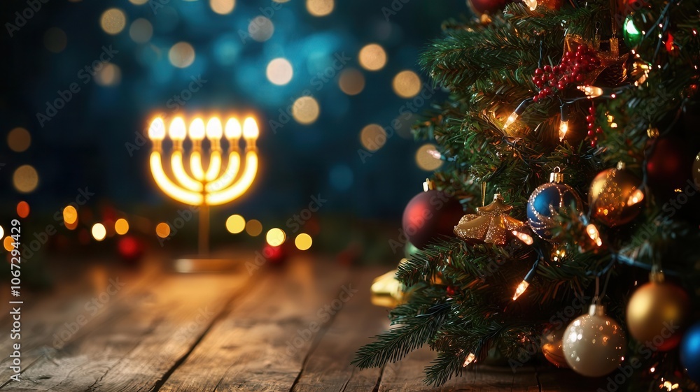 Poster a festive scene featuring a christmas tree adorned with ornaments and a glowing menorah, illuminated