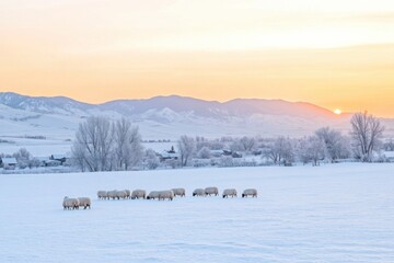 Peaceful winter landscape with grazing sheep at sunrise in snowy countryside