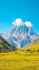 Obraz premium A stunning mountain landscape with green valleys and a clear blue sky.