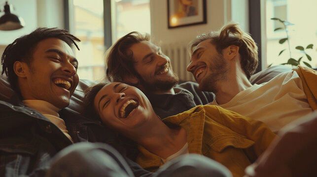 Couple polyamorous of people of different race men and woman, relaxing at home on the sofa, with arms around each other, watching a movie. Different types of relationship concept. 
