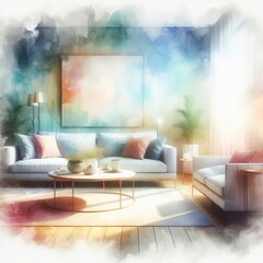 A dreamy living room rendered in watercolor style with soft wash