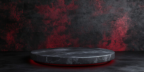 Black stone podium with deep red accents and a polished surface, suitable for a dramatic product showcase
