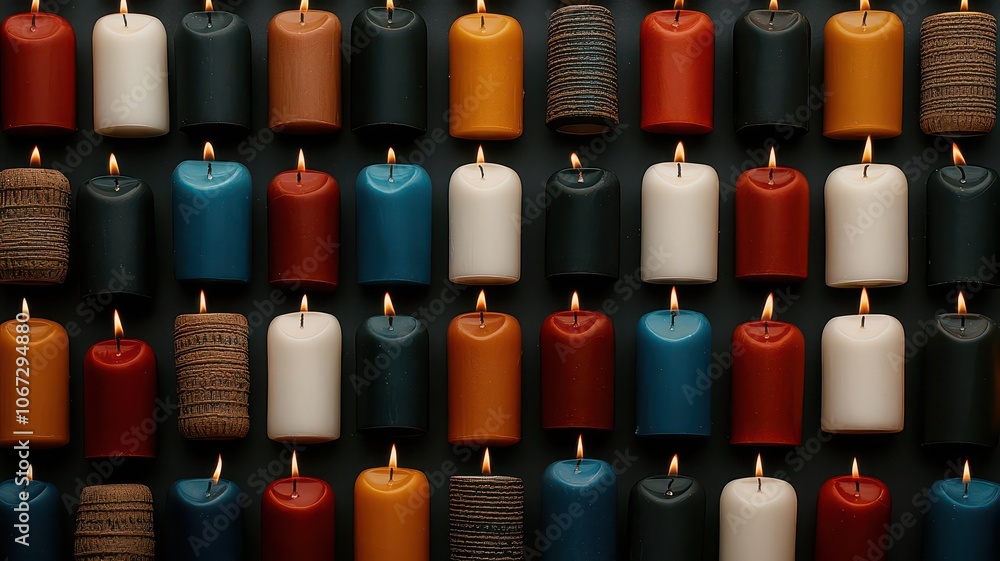 Poster a vibrant display of various candles in different colors and textures, each flickering softly agains