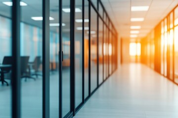 Modern office corridor with glass walls and warm sunset light in the background.