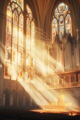 Majestic cathedral interior with sunlit stained glass and grand pipe organ
