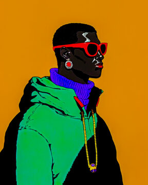 Pop art-inspired portrait of a fashionable man wearing red sunglasses and vibrant clothing against a solid orange background, showcasing urban style