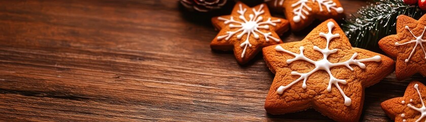 A cozy arrangement of star-shaped gingerbread cookies decorated with icing, set on a wooden surface, evoking a festive holiday atmosphere.