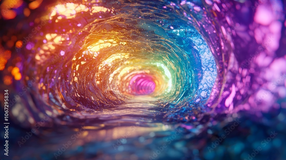 Poster vivid journey through a colorful tunnel encountering dmt entities and fractal patterns
