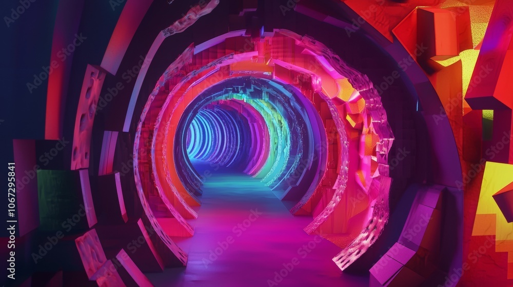 Poster colorful tunnel journey with entities and fractals, exploring vivid dimensions and surreal experienc