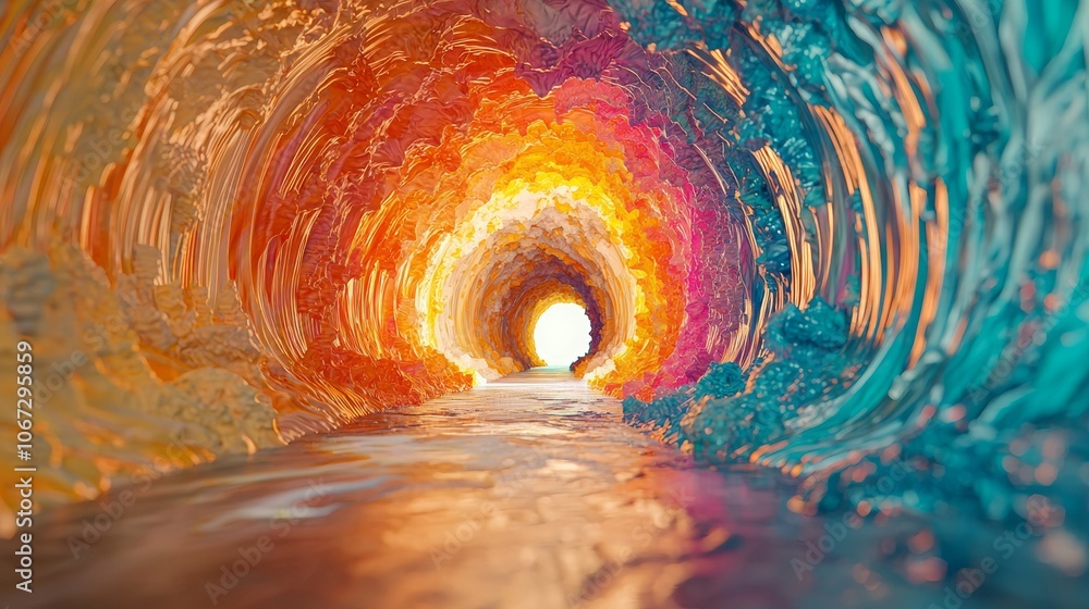 Poster colorful tunnel journey with dmt entities and fractals, exploring vibrant dimensions and surreal lan
