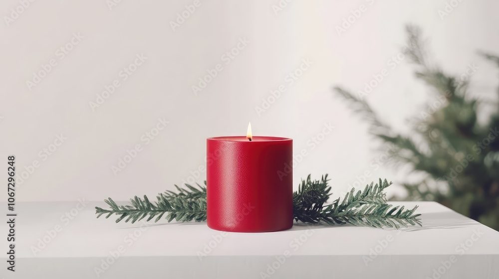 Fototapete Single red candle centered on a white surface, minimal festive greenery surrounding its base, creating a soft holiday glow.