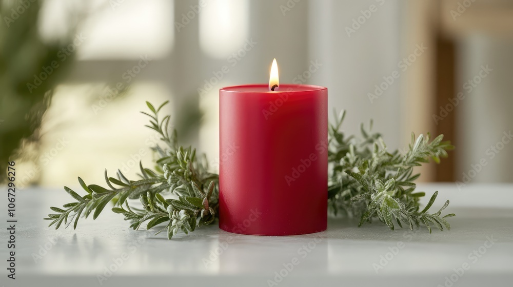 Fototapete Single red candle centered on a white surface, minimal festive greenery surrounding its base, creating a soft holiday glow.