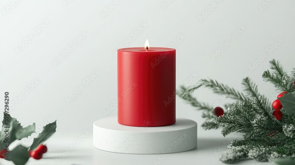Fototapete Single red candle centered on a white surface, minimal festive greenery surrounding its base, creating a soft holiday glow.