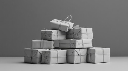 Obraz premium Stacked mini presents in monochrome wrapping, with thin ribbon and minimalist tags, arranged in a tidy, small pile.