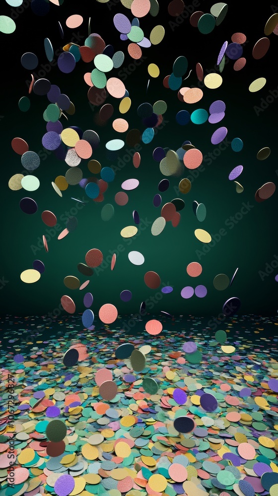 Poster vibrant 3d confetti cascading against a deep greenish-blue backdrop, showcasing intricate textures a